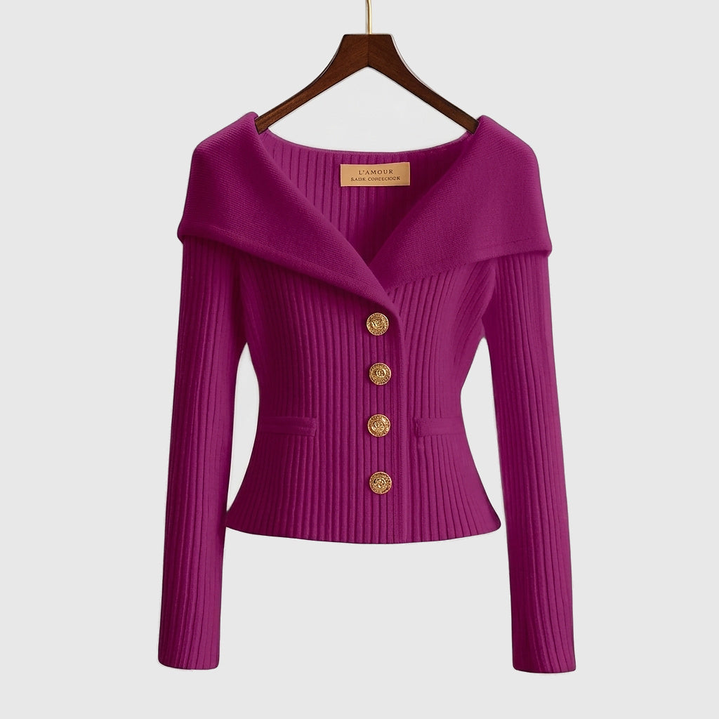 Cardigan côtelé femme à épaules dénudées et boutons dorés 10