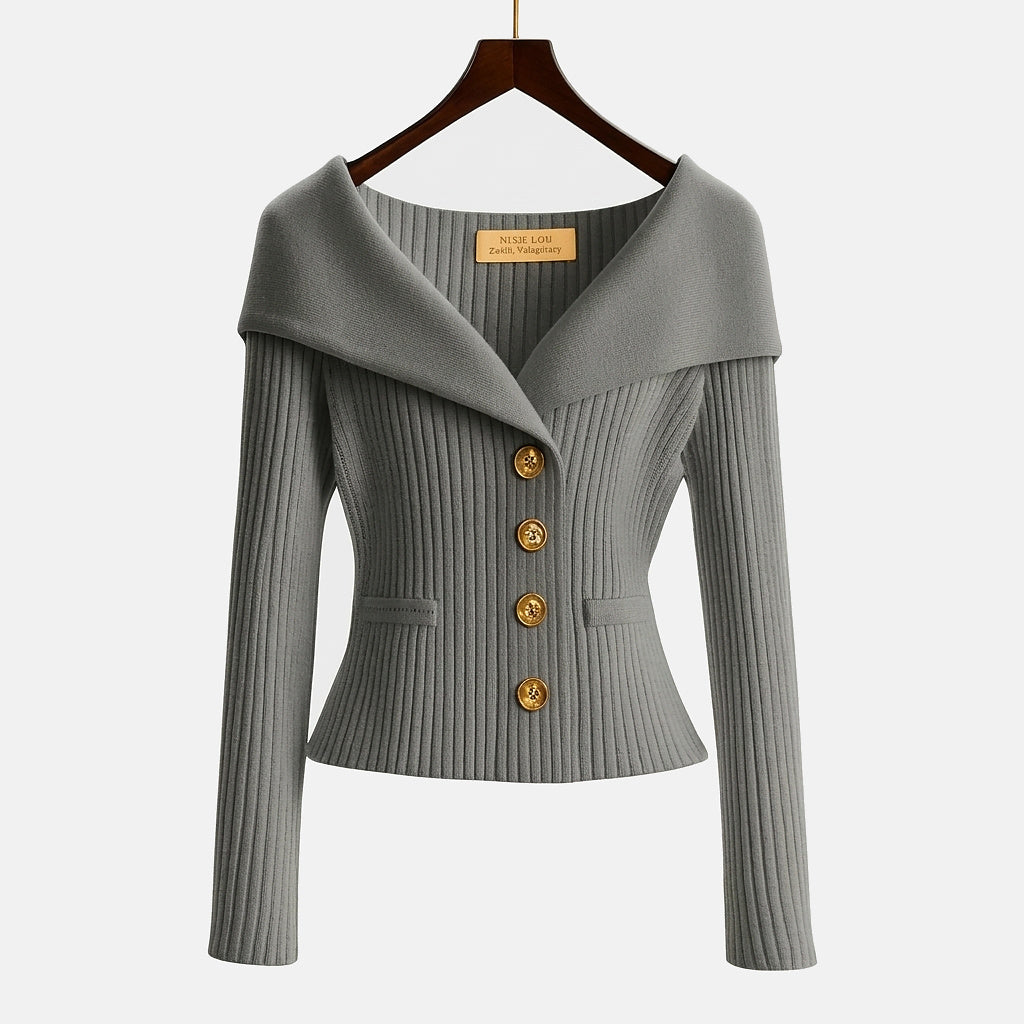 Cardigan côtelé femme à épaules dénudées et boutons dorés 11