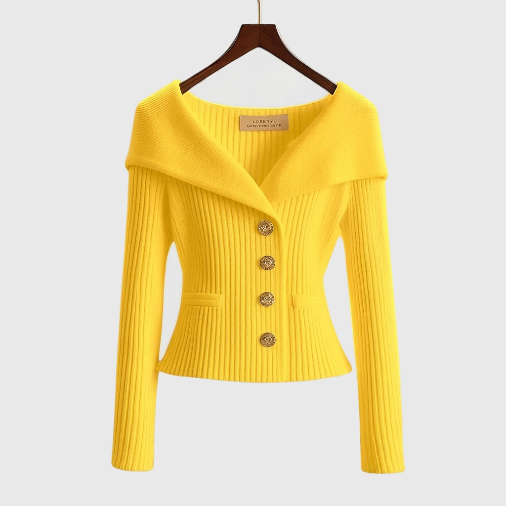 Cardigan côtelé femme à épaules dénudées et boutons dorés 2