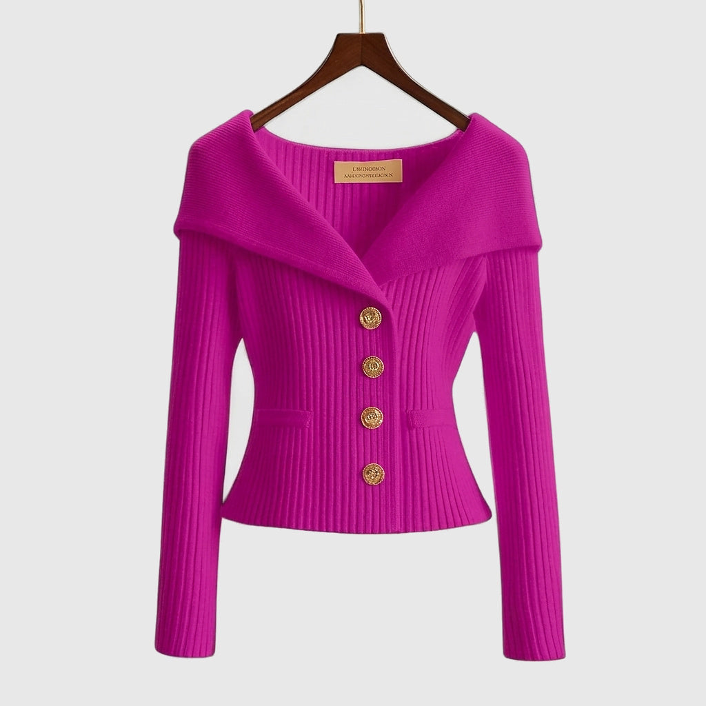 Cardigan côtelé femme à épaules dénudées et boutons dorés 6