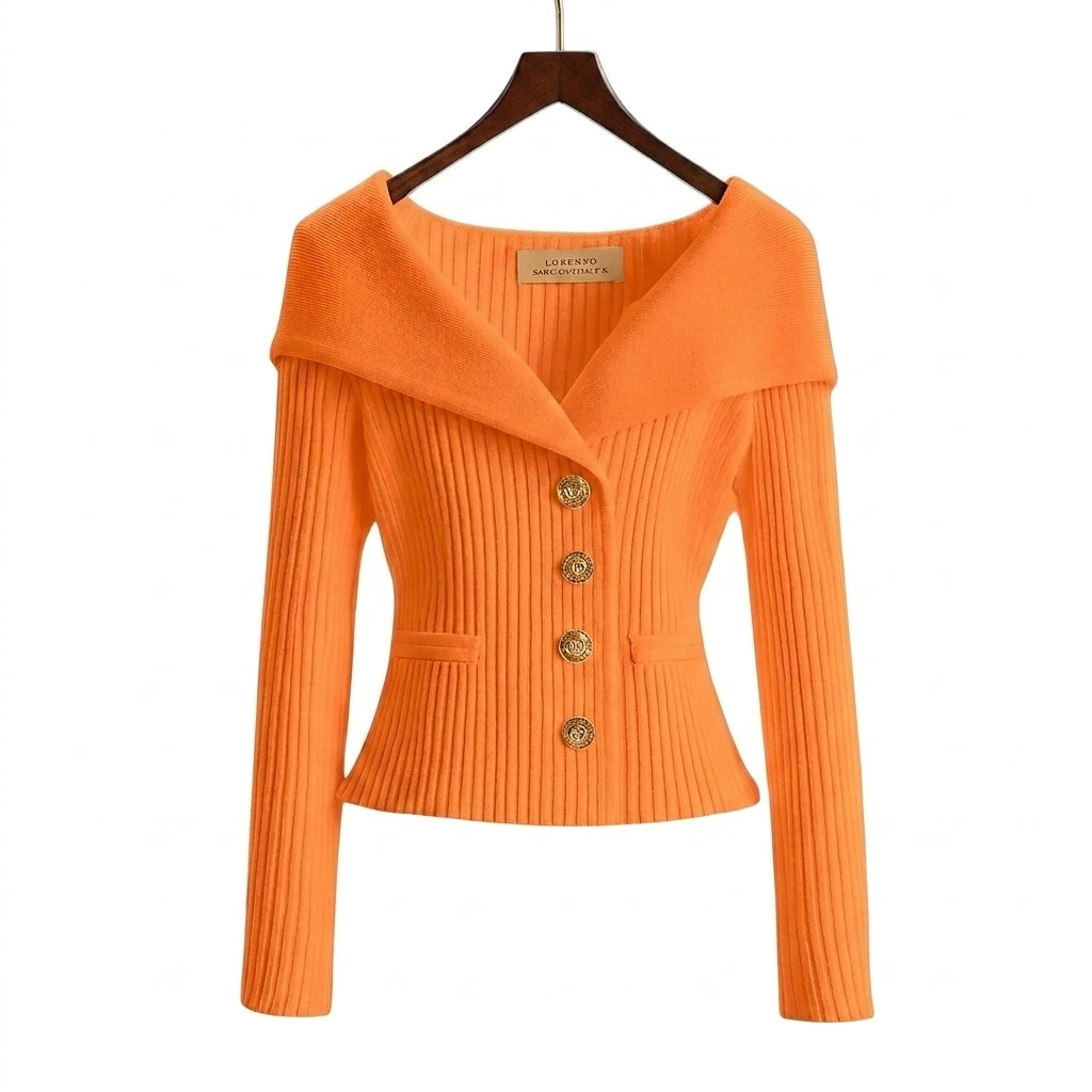 Cardigan côtelé femme à épaules dénudées et boutons dorés 9
