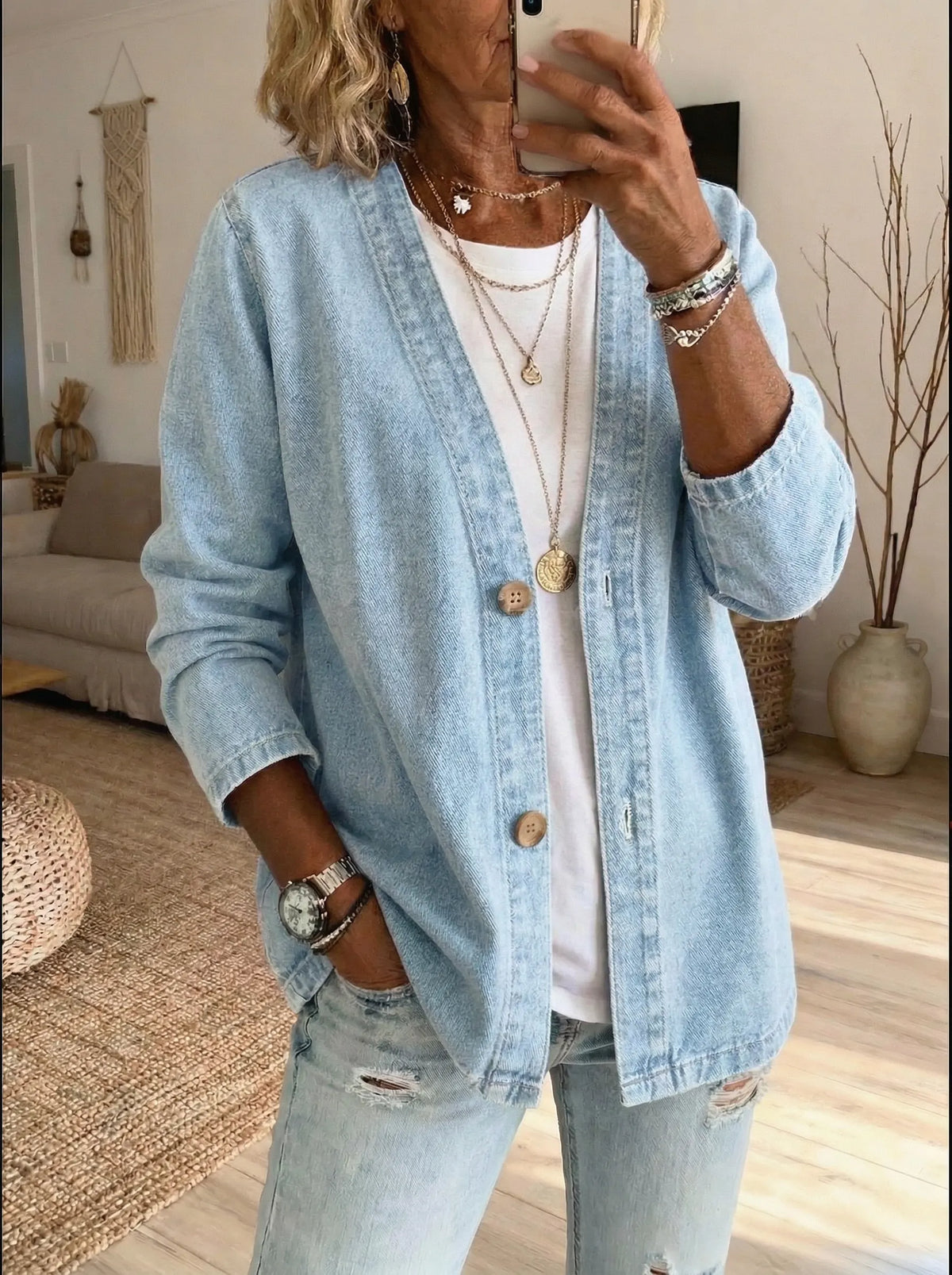 Cardigan en denim femme boutonné coupe décontractée 1