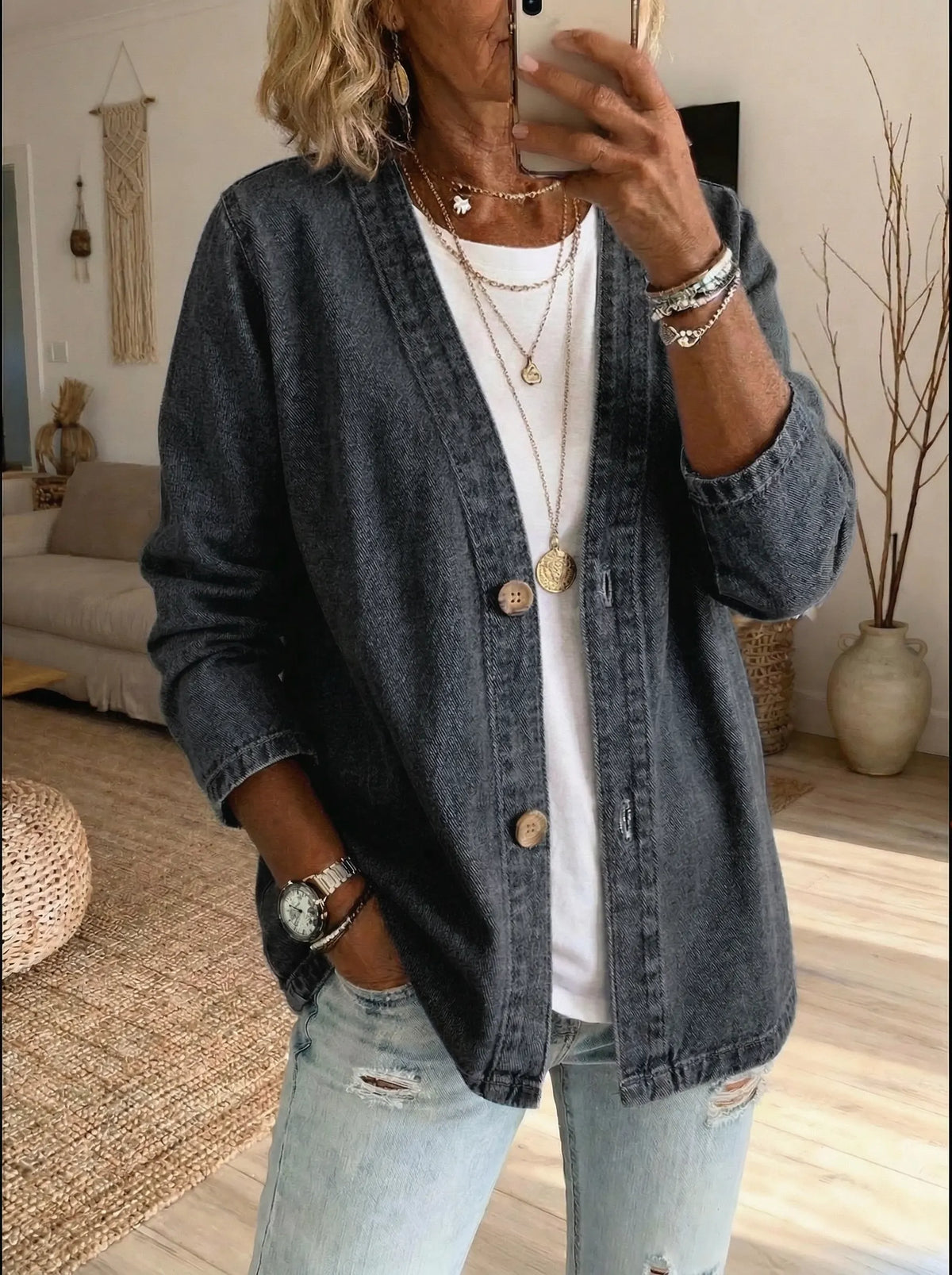 Cardigan en denim femme boutonné coupe décontractée 4