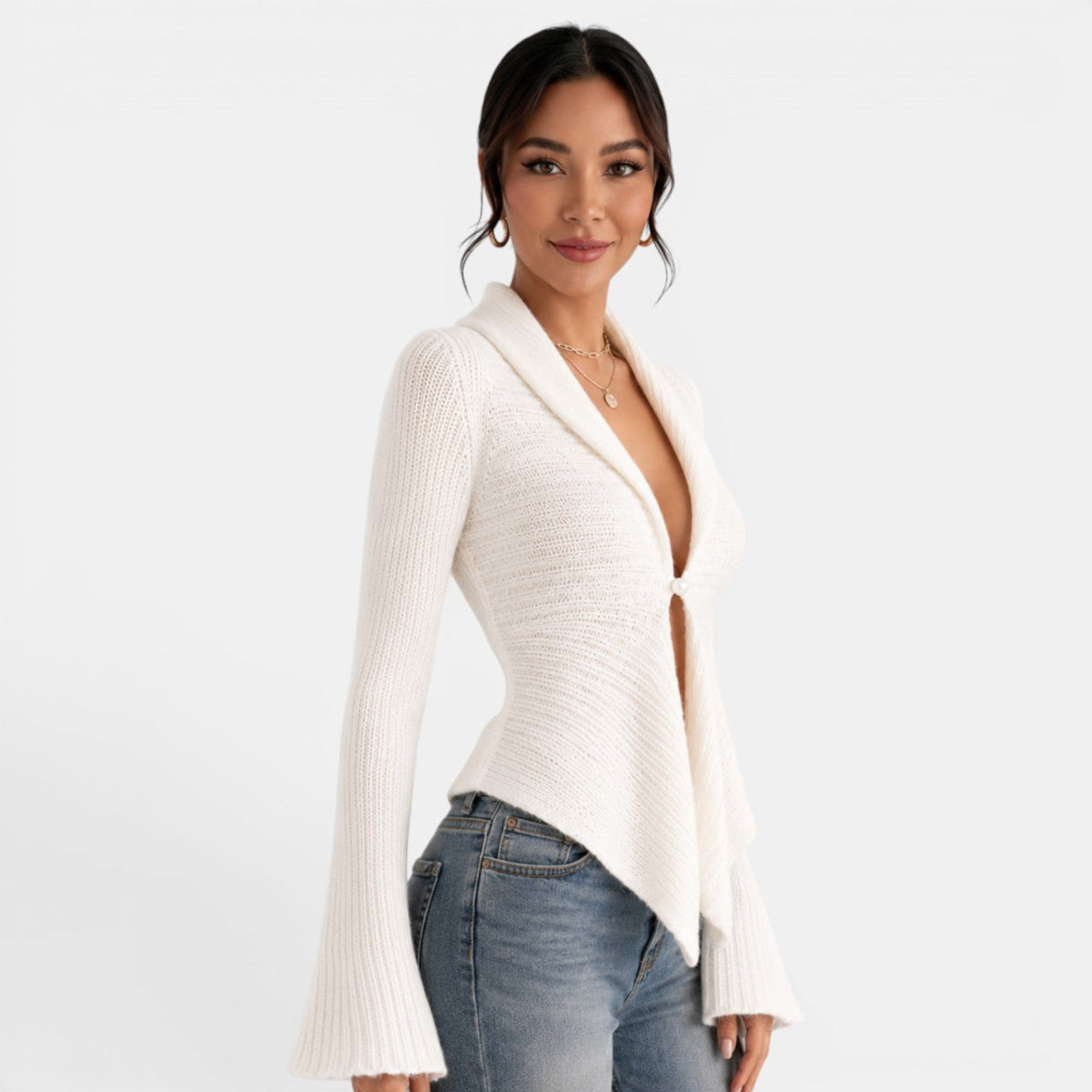 Cardigan en maille femme à col châle et manches évasées 2