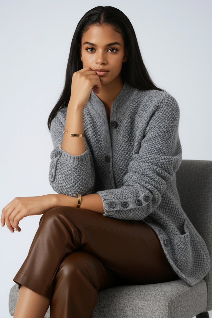 Cardigan femme en laine boutonné à col montant et poches plaquées 1