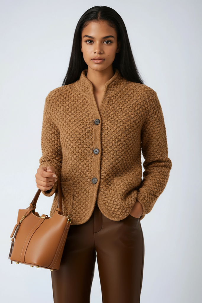Cardigan femme en laine boutonné à col montant et poches plaquées 2