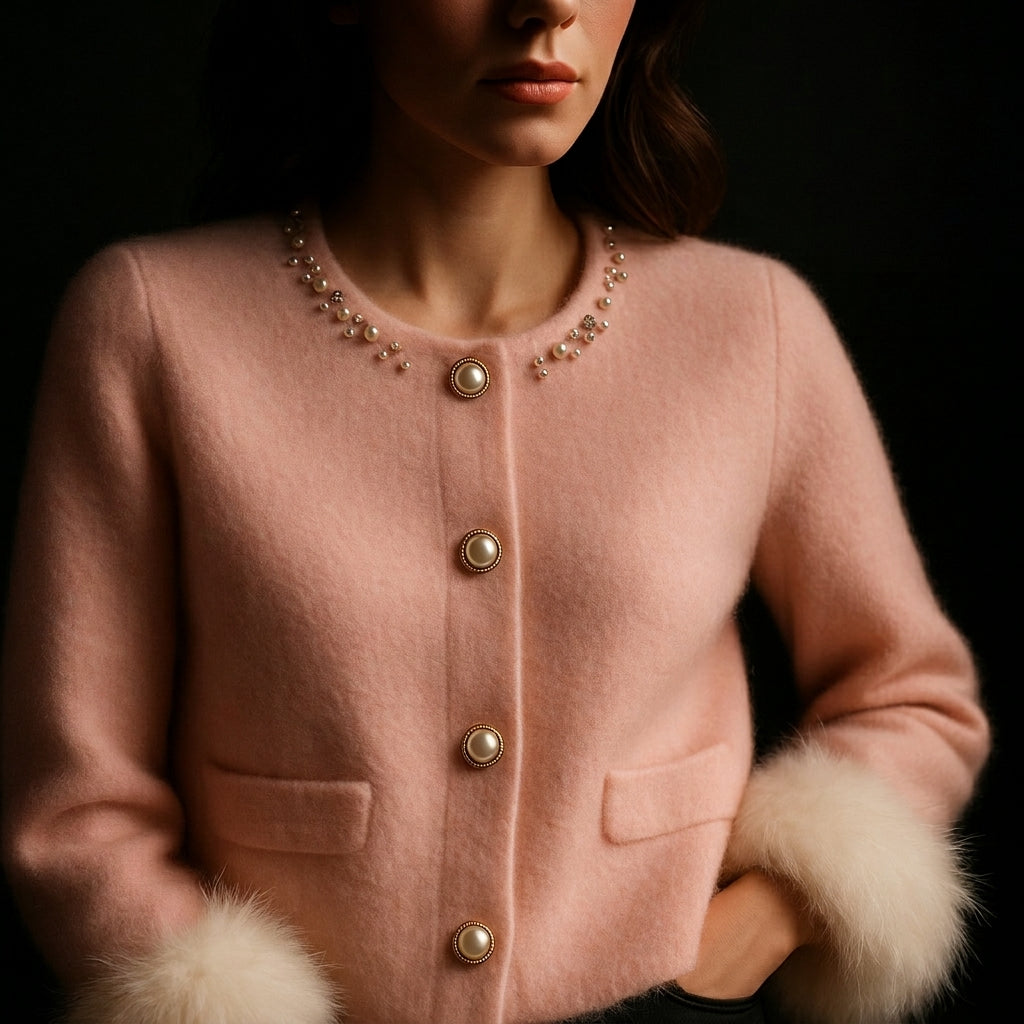 Cardigan femme en maille à boutons perle et détails duveteux 1