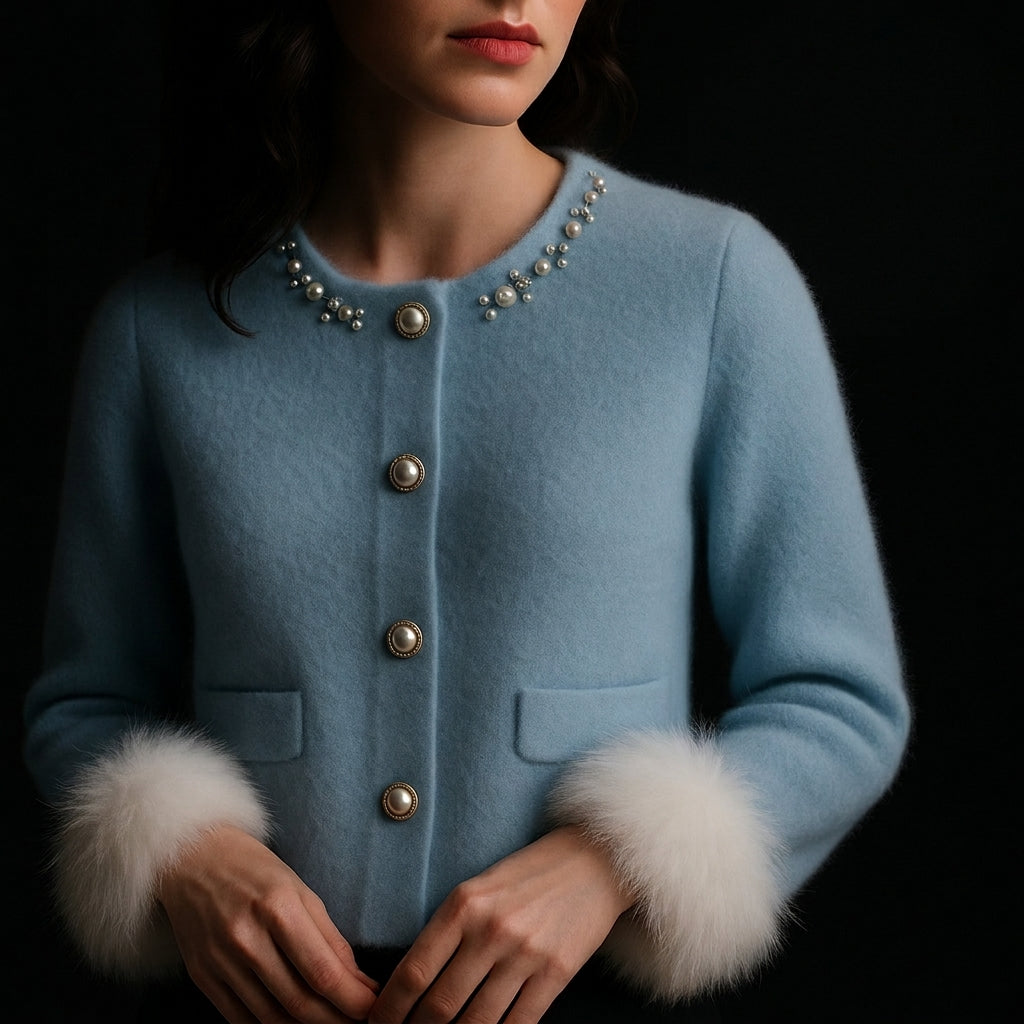 Cardigan femme en maille à boutons perle et détails duveteux 2
