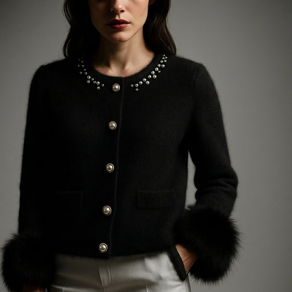 Cardigan femme en maille à boutons perle et détails duveteux 3