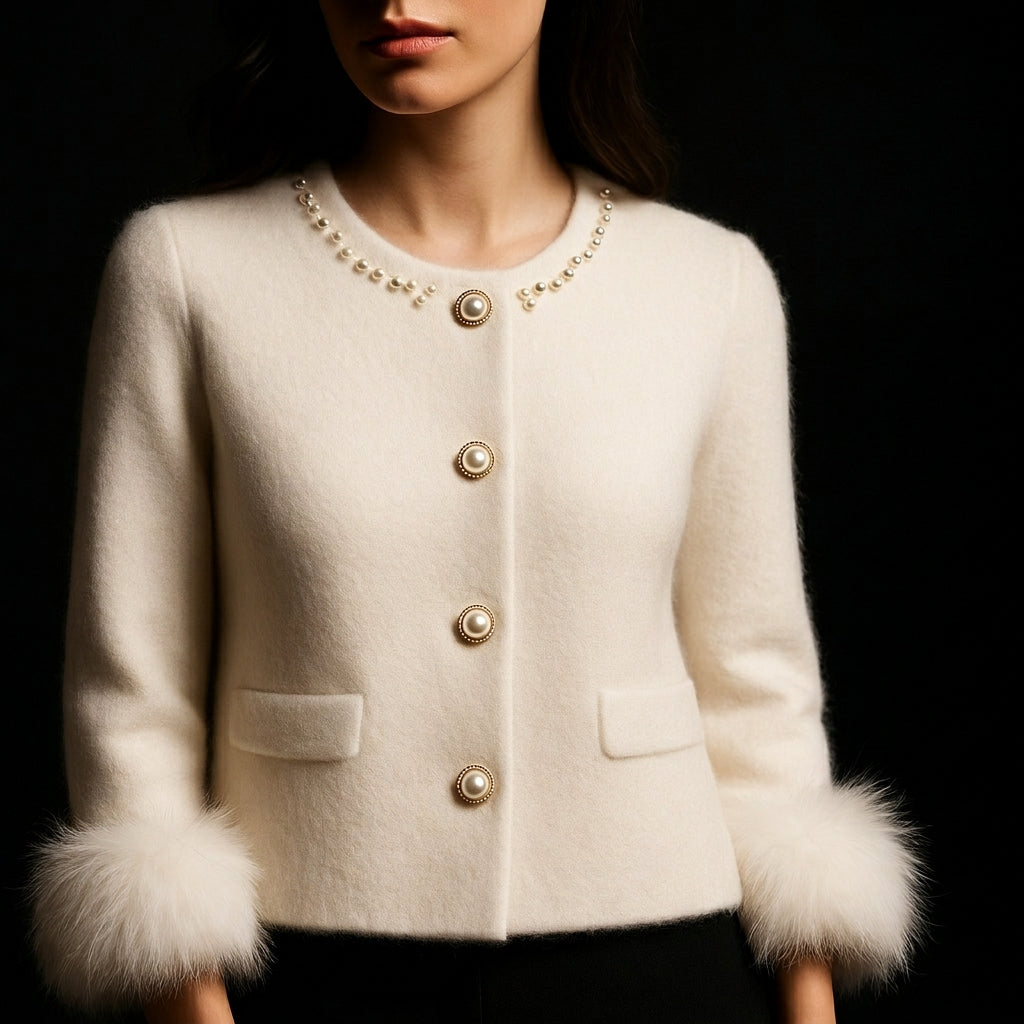 Cardigan femme en maille à boutons perle et détails duveteux 4