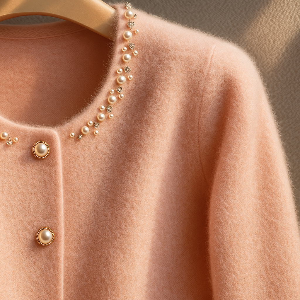 Cardigan femme en maille à boutons perle et détails duveteux 5