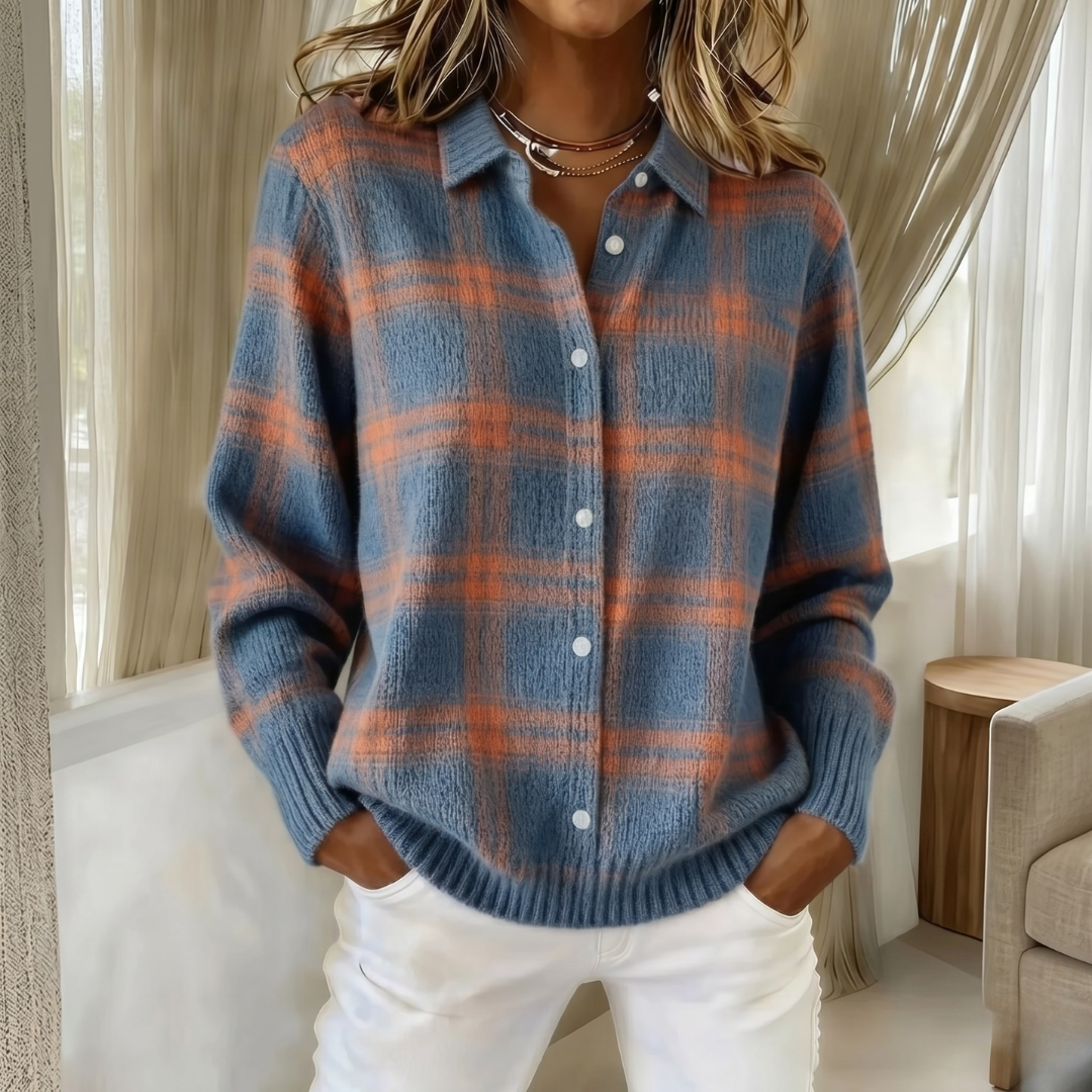 Cardigan femme en maille à carreaux à col chemise boutonné 1