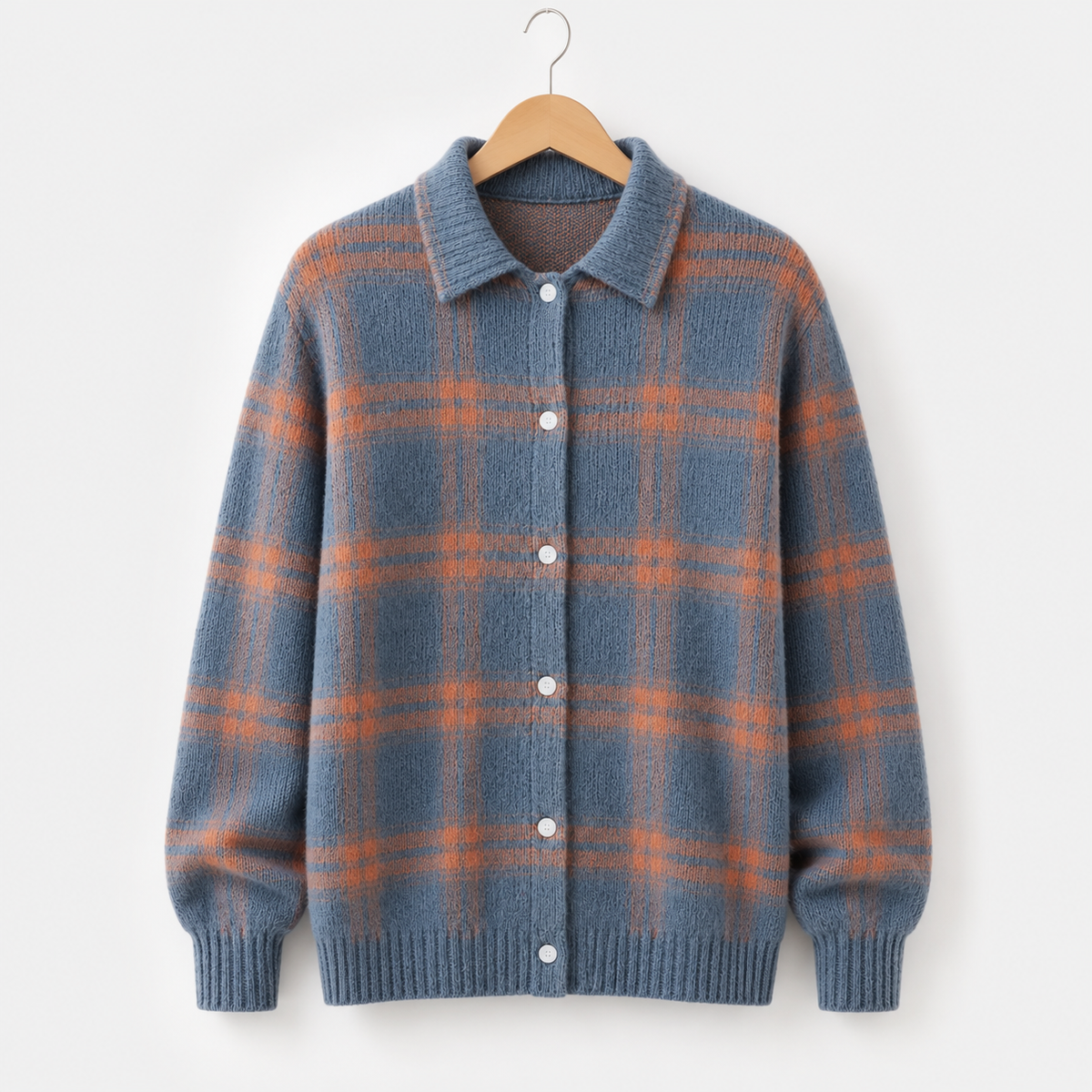 Cardigan femme en maille à carreaux à col chemise boutonné 10