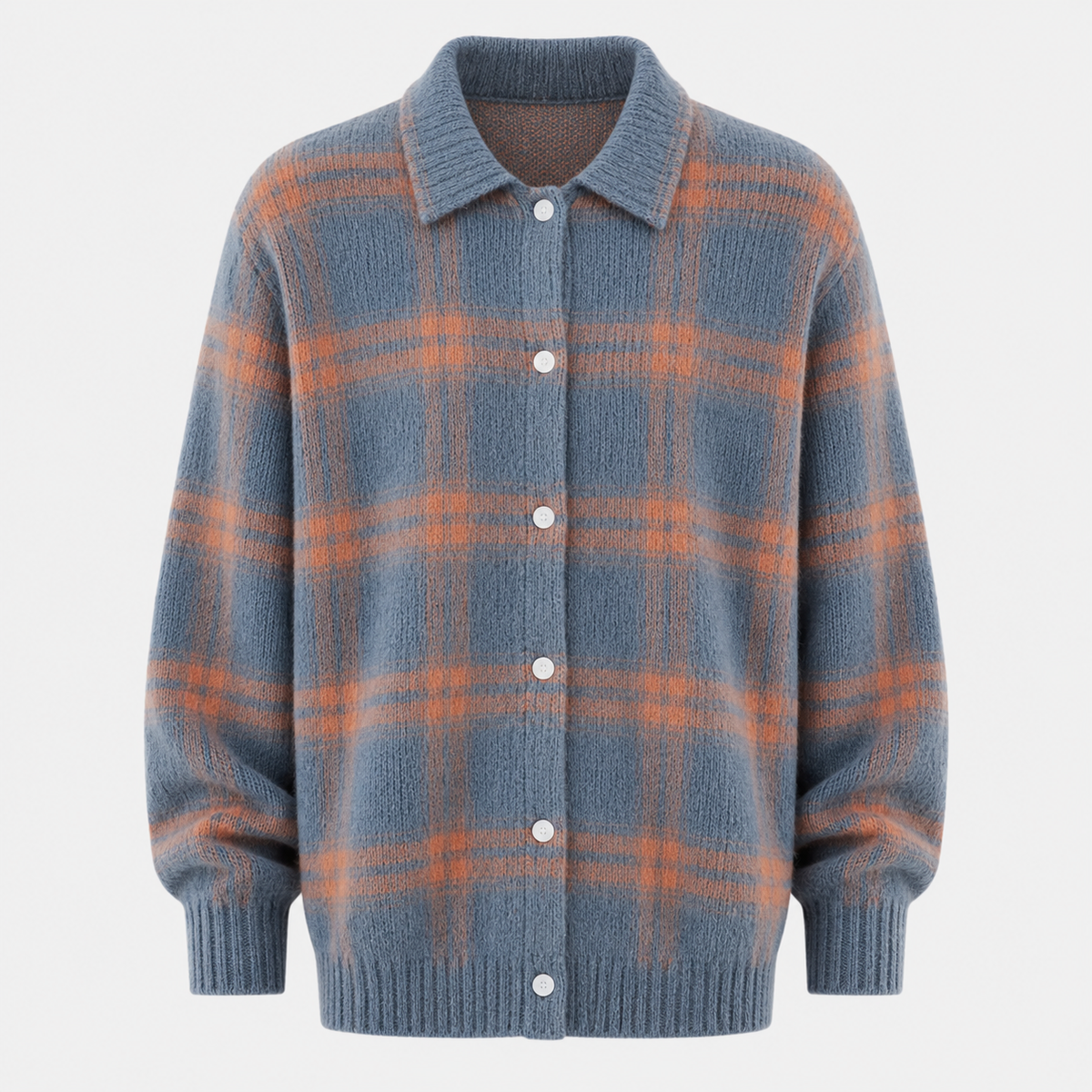 Cardigan femme en maille à carreaux à col chemise boutonné 11