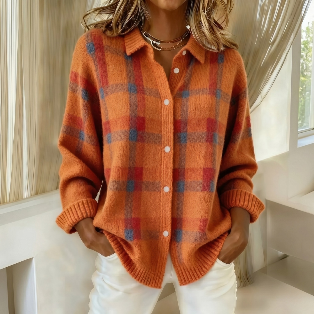 Cardigan femme en maille à carreaux à col chemise boutonné 2