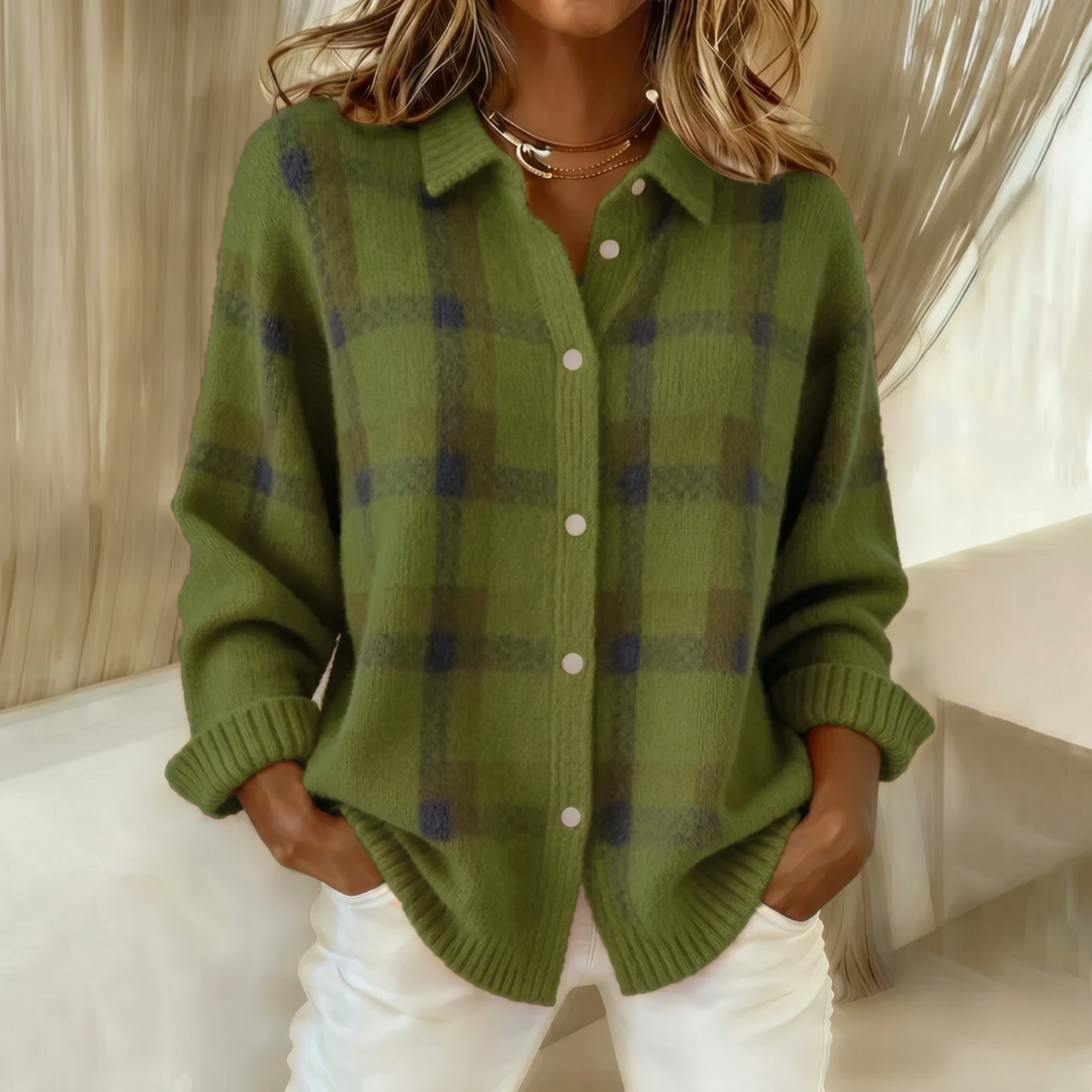 Cardigan femme en maille à carreaux à col chemise boutonné 4