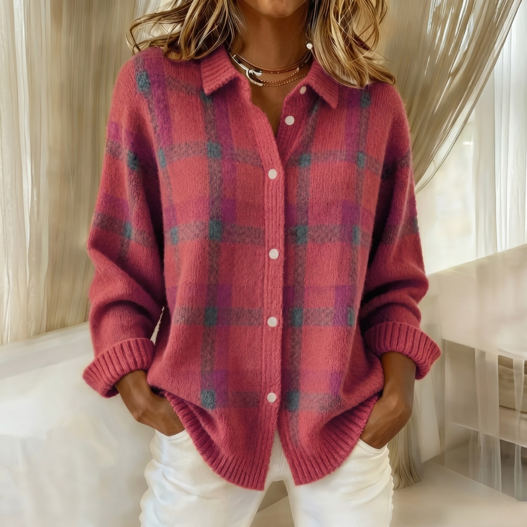 Cardigan femme en maille à carreaux à col chemise boutonné 5