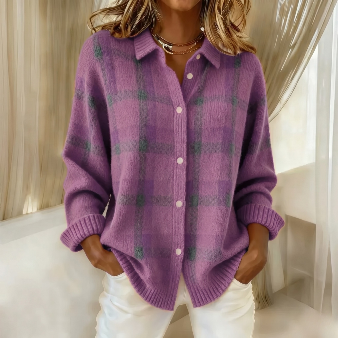 Cardigan femme en maille à carreaux à col chemise boutonné 6