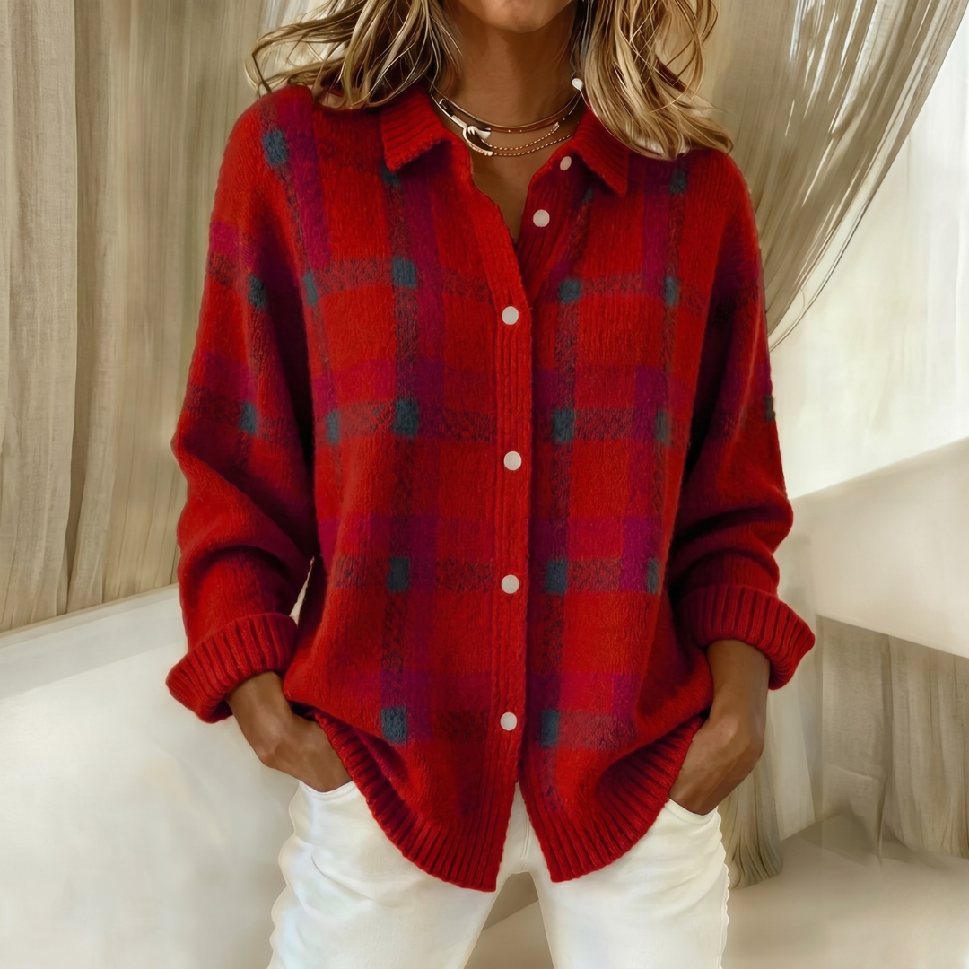 Cardigan femme en maille à carreaux à col chemise boutonné 7