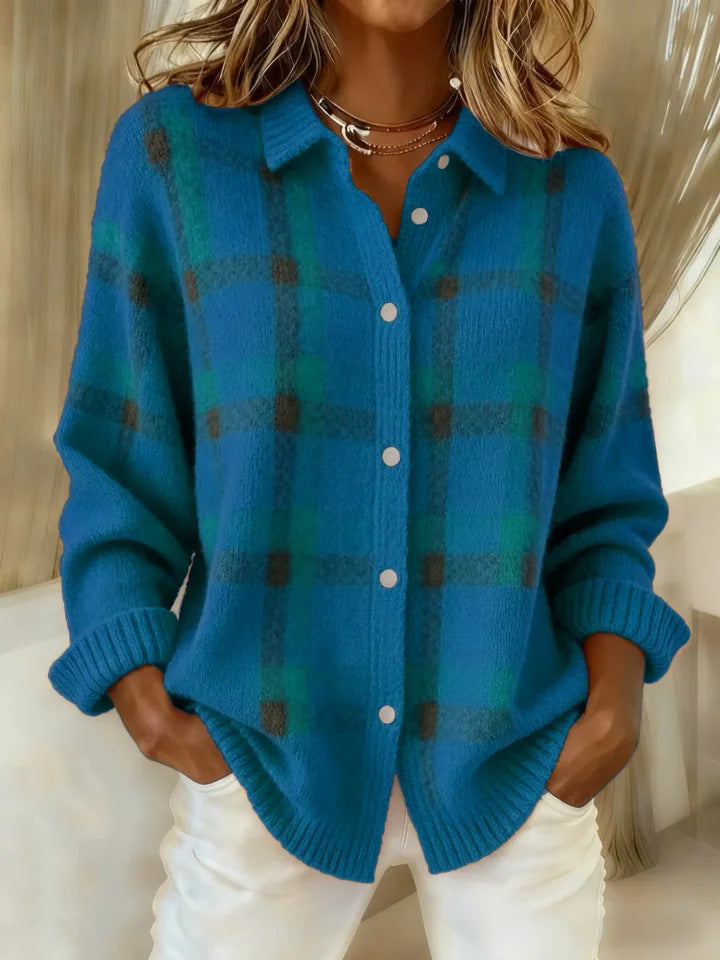 Cardigan femme en maille à carreaux à col chemise boutonné 8
