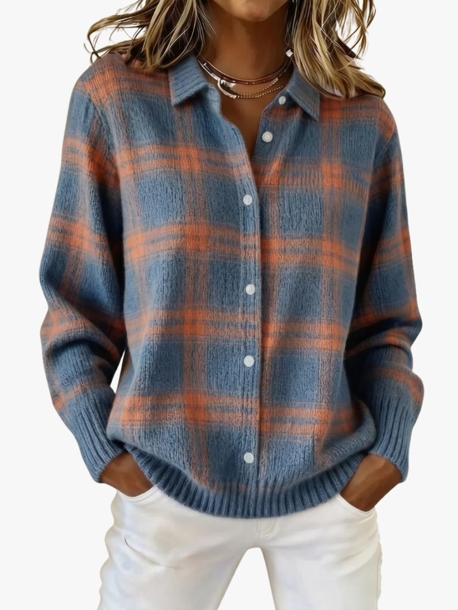 Cardigan femme en maille à carreaux à col chemise boutonné 9