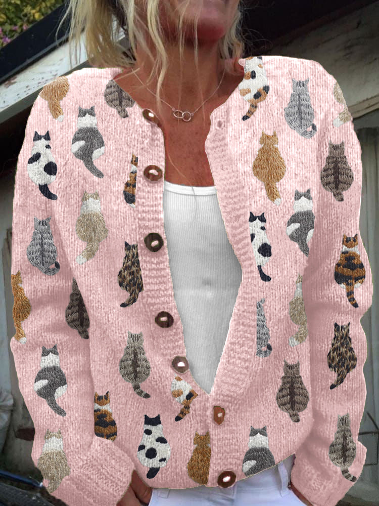 Cardigan femme en maille à motif chat boutonné 2