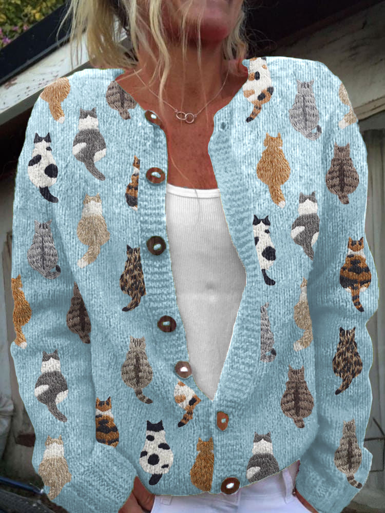 Cardigan femme en maille à motif chat boutonné 3
