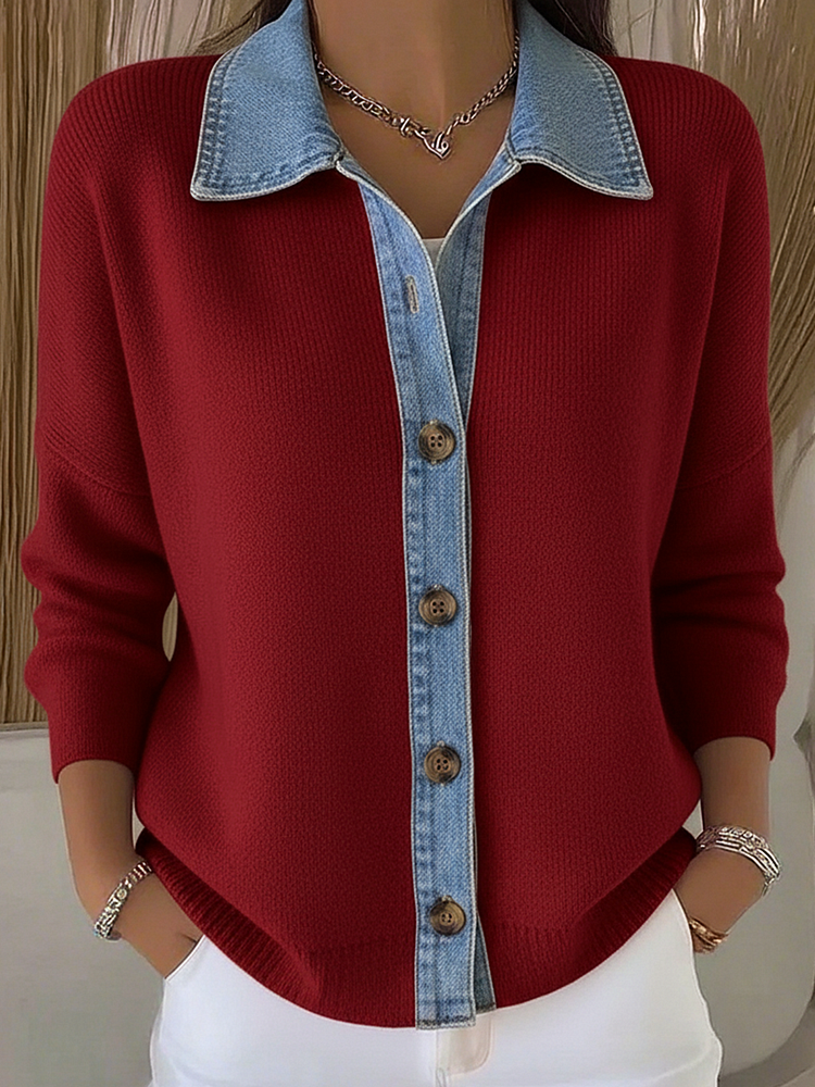 Cardigan femme en maille boutonné à col polo et détails en denim 1