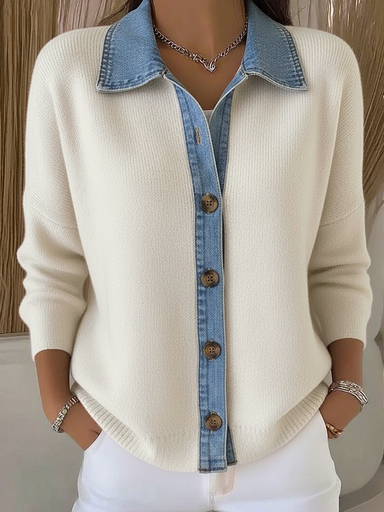 Cardigan femme en maille boutonné à col polo et détails en denim 2
