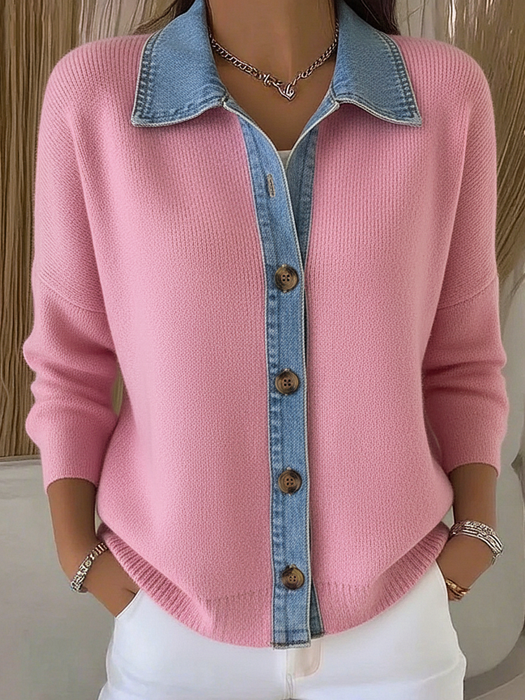 Cardigan femme en maille boutonné à col polo et détails en denim 3