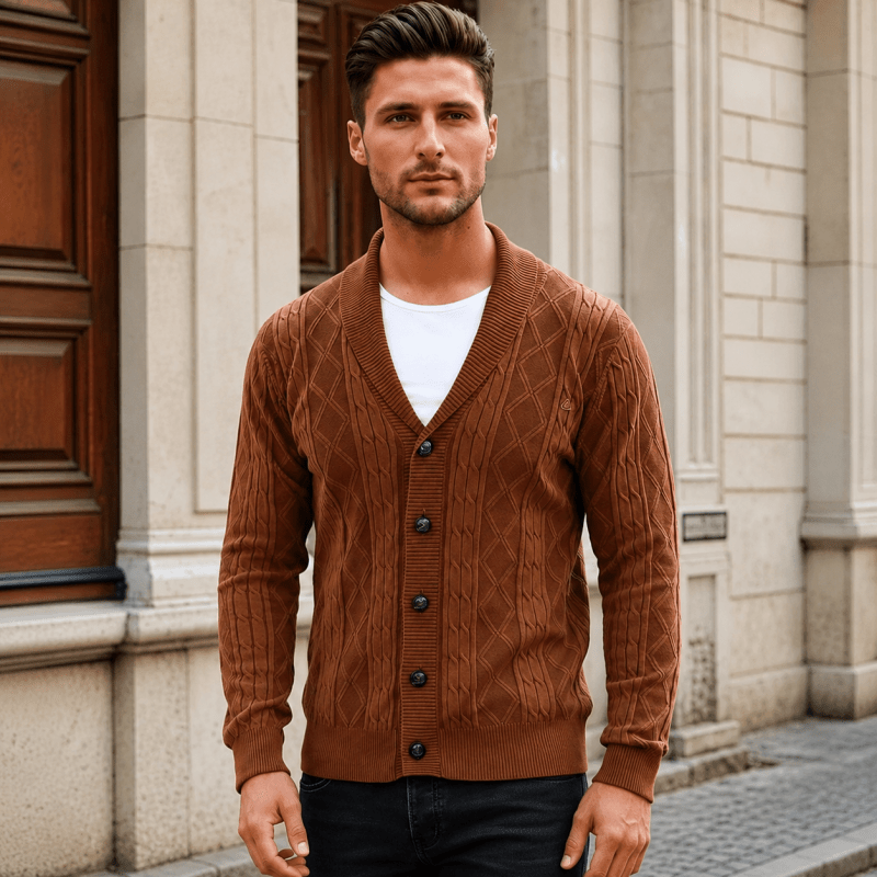 Cardigan homme en maille gaufrée boutonné à col rabattu 8