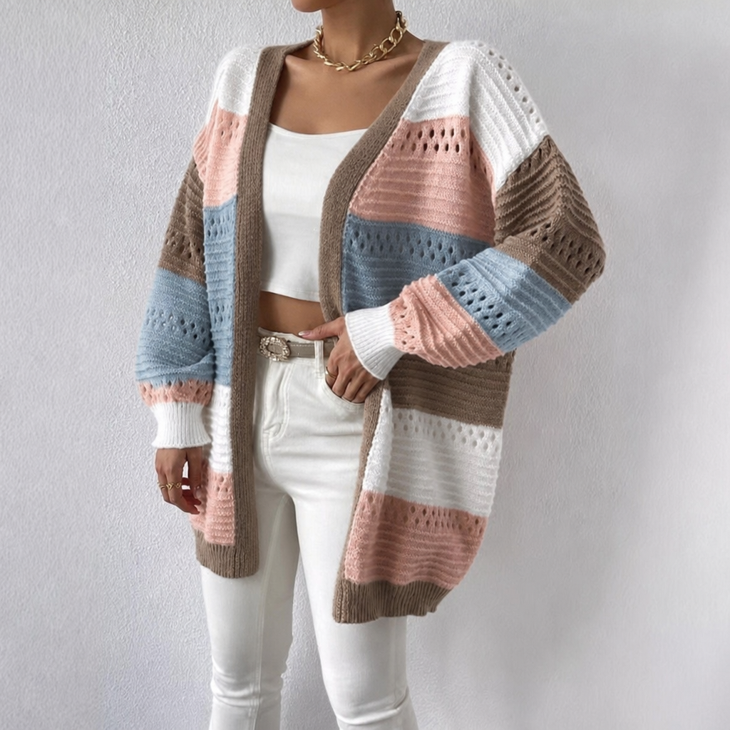 Cardigan long femme en maille ajourée color block ouvert devant 2