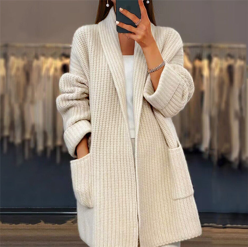 Cardigan tricoté femme ouvert devant à grosse maille et poches 1