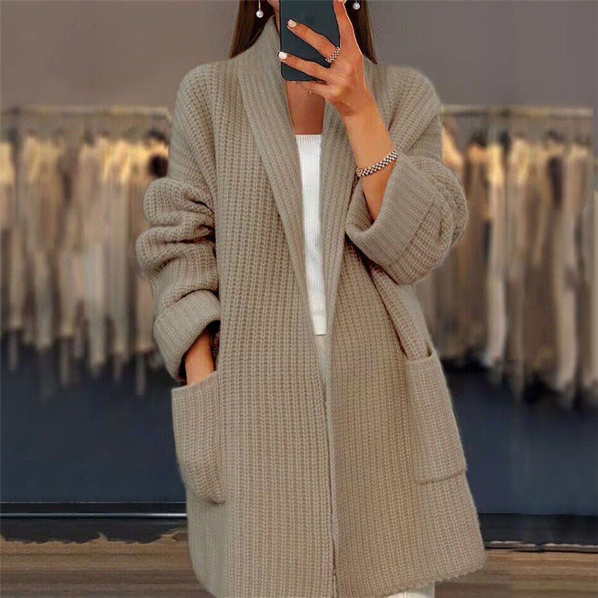 Cardigan tricoté femme ouvert devant à grosse maille et poches 2