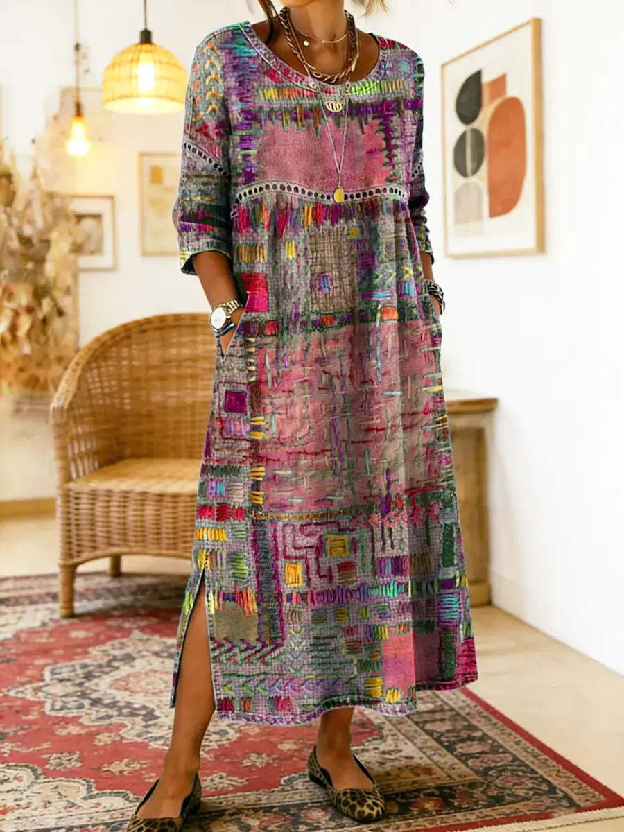 Robe bohème en denim fluide à patchwork ethnique et dentelle