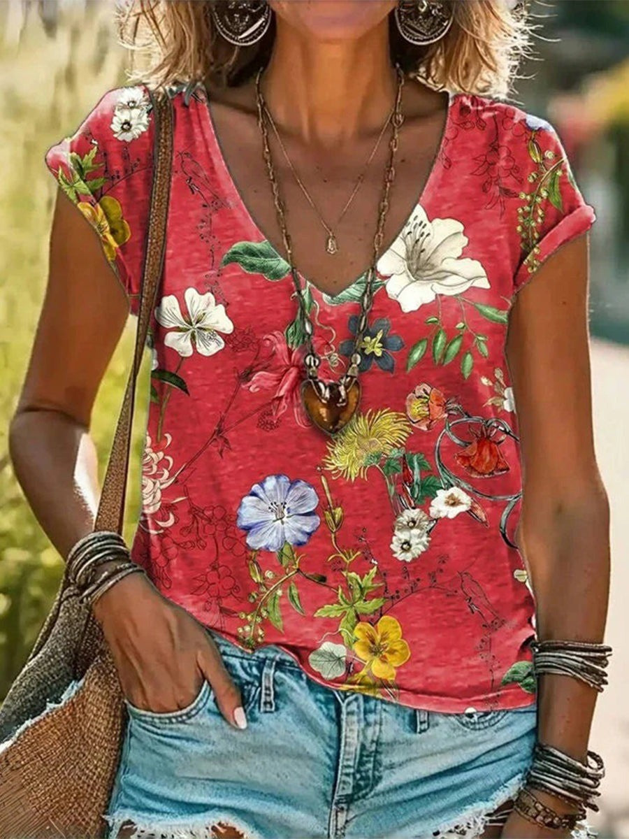 T-shirt pour femme automne fluide coloré en jersey stretch avec col V floral Iris