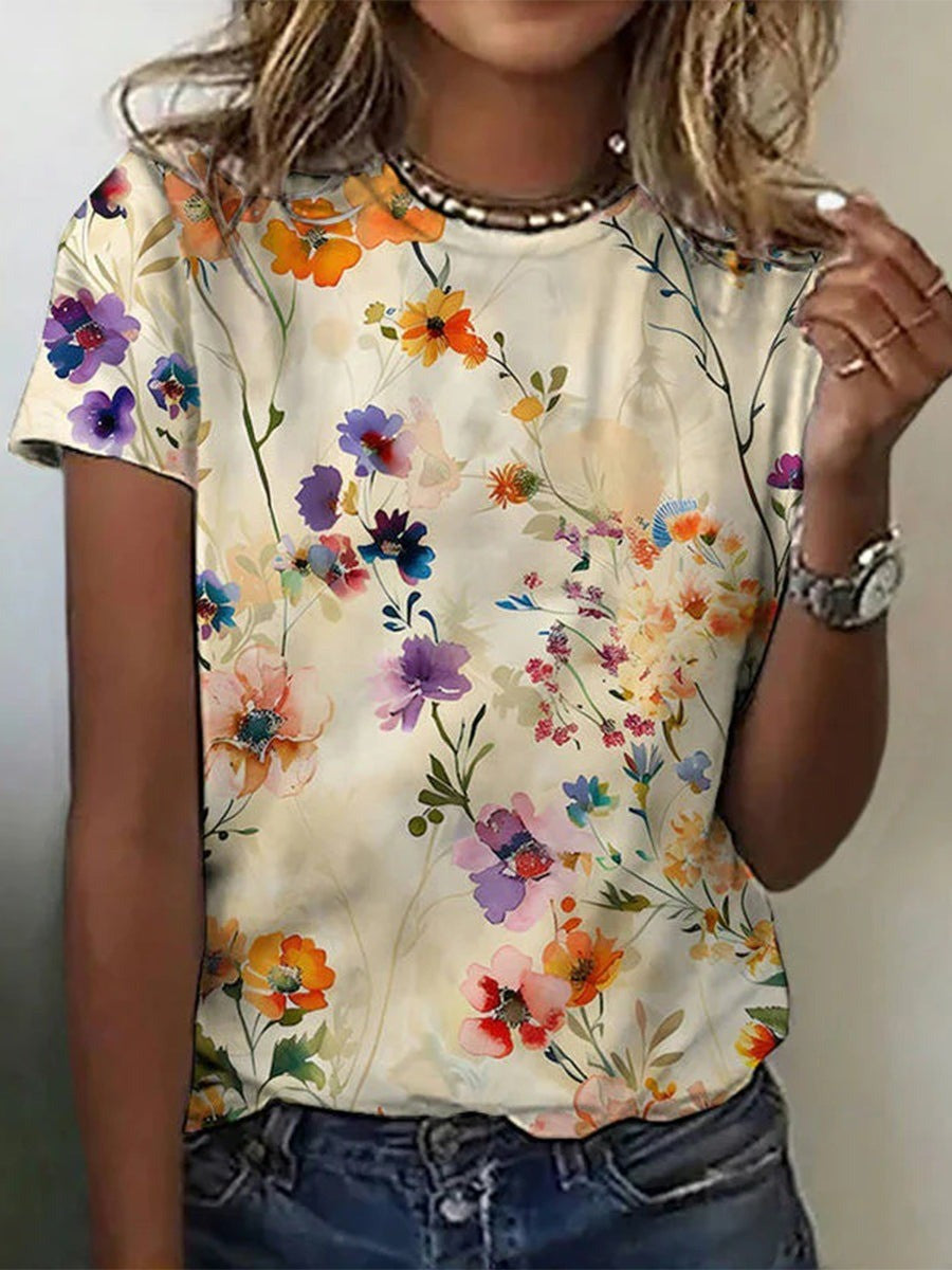 T-shirt pour femme automne fluide léger en rayonne stretch avec imprimé floral vintage Maëlys