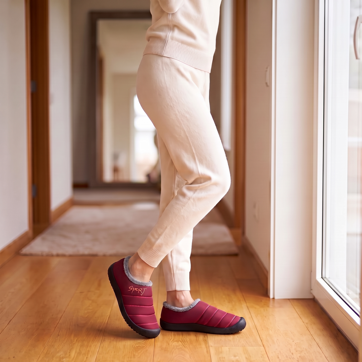 Chaussons d'hiver femme à enfiler à col fourré et semelle en caoutchouc 11