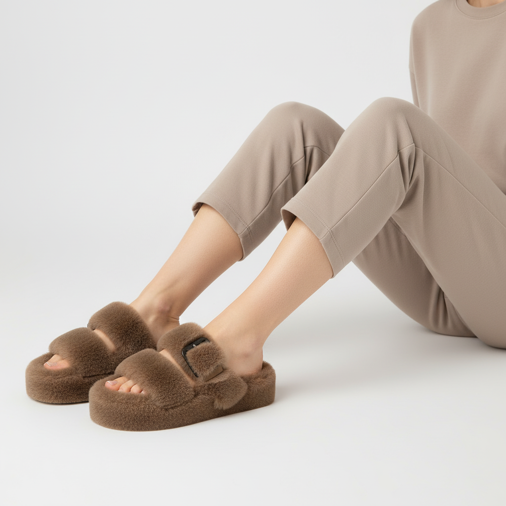 Chaussons d'hiver femme ouverts à plateforme et bride à boucle 5