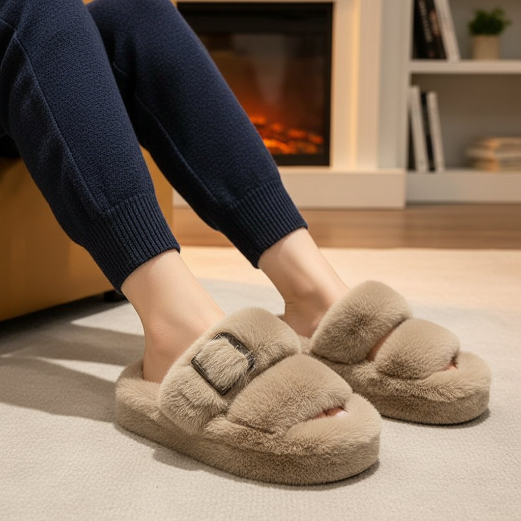 Chaussons d'hiver femme ouverts à plateforme et bride à boucle 6