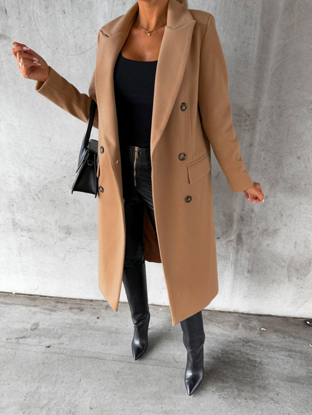 Manteau long pour femme automne élégant chaud en laine mélangée à double boutonnage Isaline