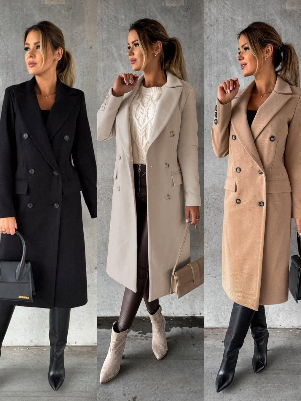 Manteau long pour femme automne élégant chaud en laine mélangée à double boutonnage Isaline