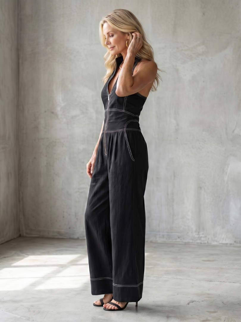 Combinaison pantalon femme sans manches à jambe large et dos-nu 5