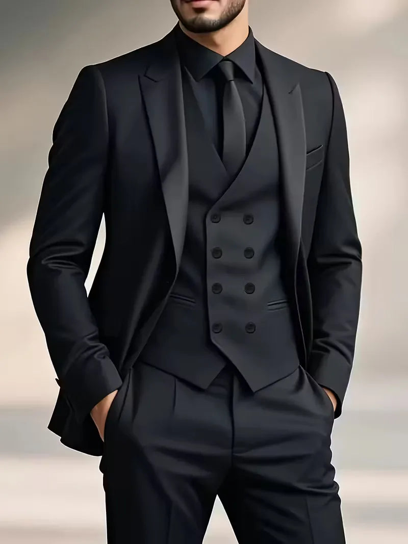 Costume 3 pièces homme croisé coupe slim veste à revers gilet assorti 1