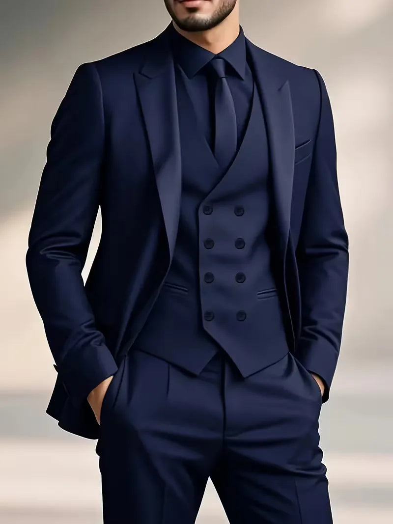 Costume 3 pièces homme croisé coupe slim veste à revers gilet assorti 11