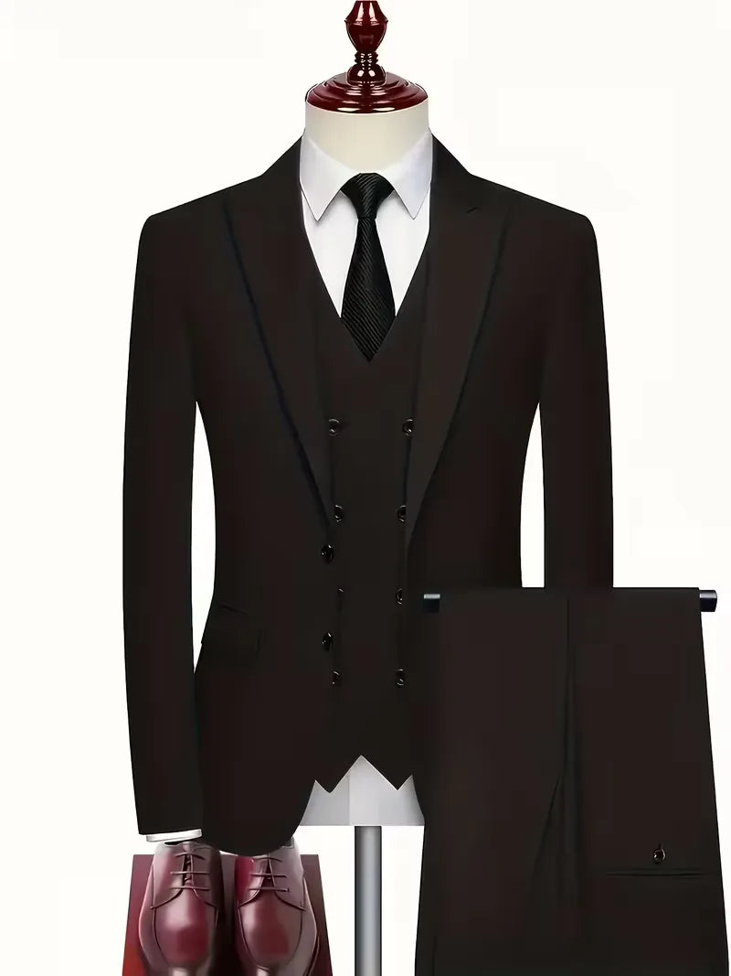 Costume 3 pièces homme croisé coupe slim veste à revers gilet assorti 2