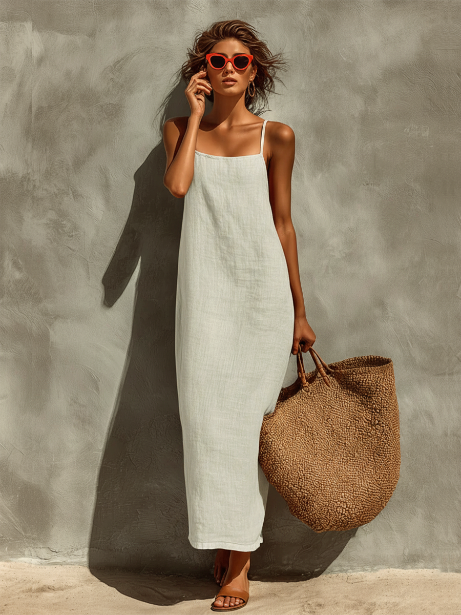 Nine – Robe maxi en coton style bohème à fines bretelles et col carré femme
