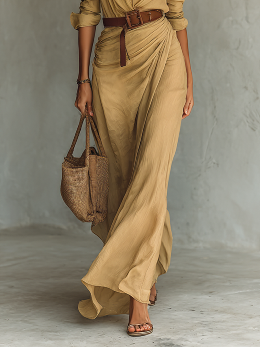 Gaëlle – Robe chemise maxi à manches longues et ceinture femme