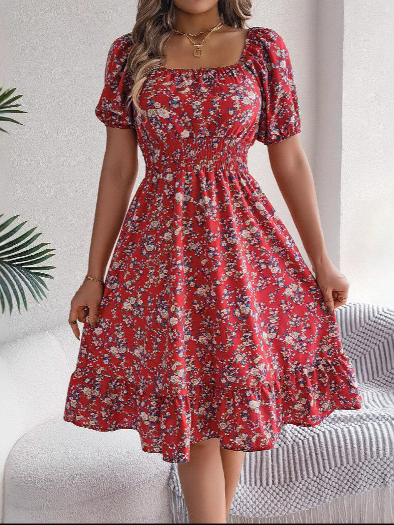 Joline – Robe midi à imprimé floral, col carré, volants et taille haute femme