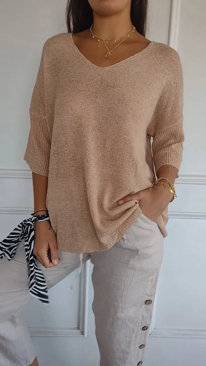 Lison – Top en maille à col en V et manches trois-quarts femme